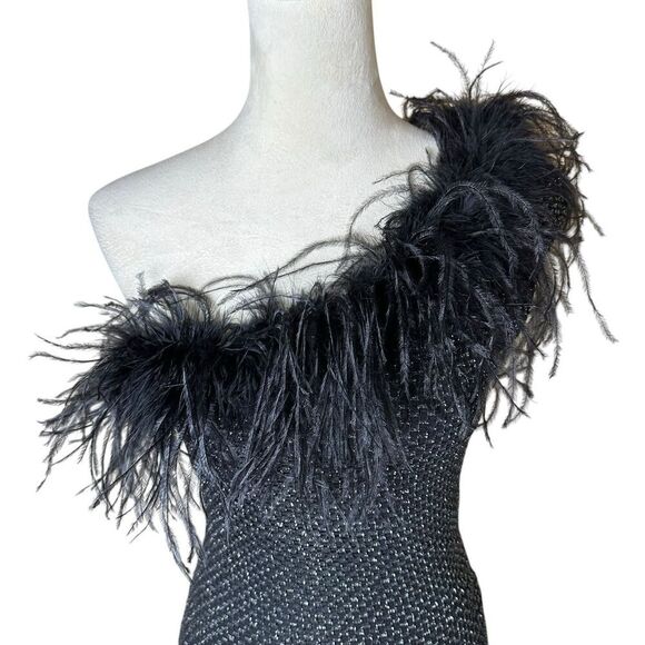 Y2K Feather Trim One Shoulder Dress Black Mesh Sparkle Party Retro Glam Small - Picture 5 of 8